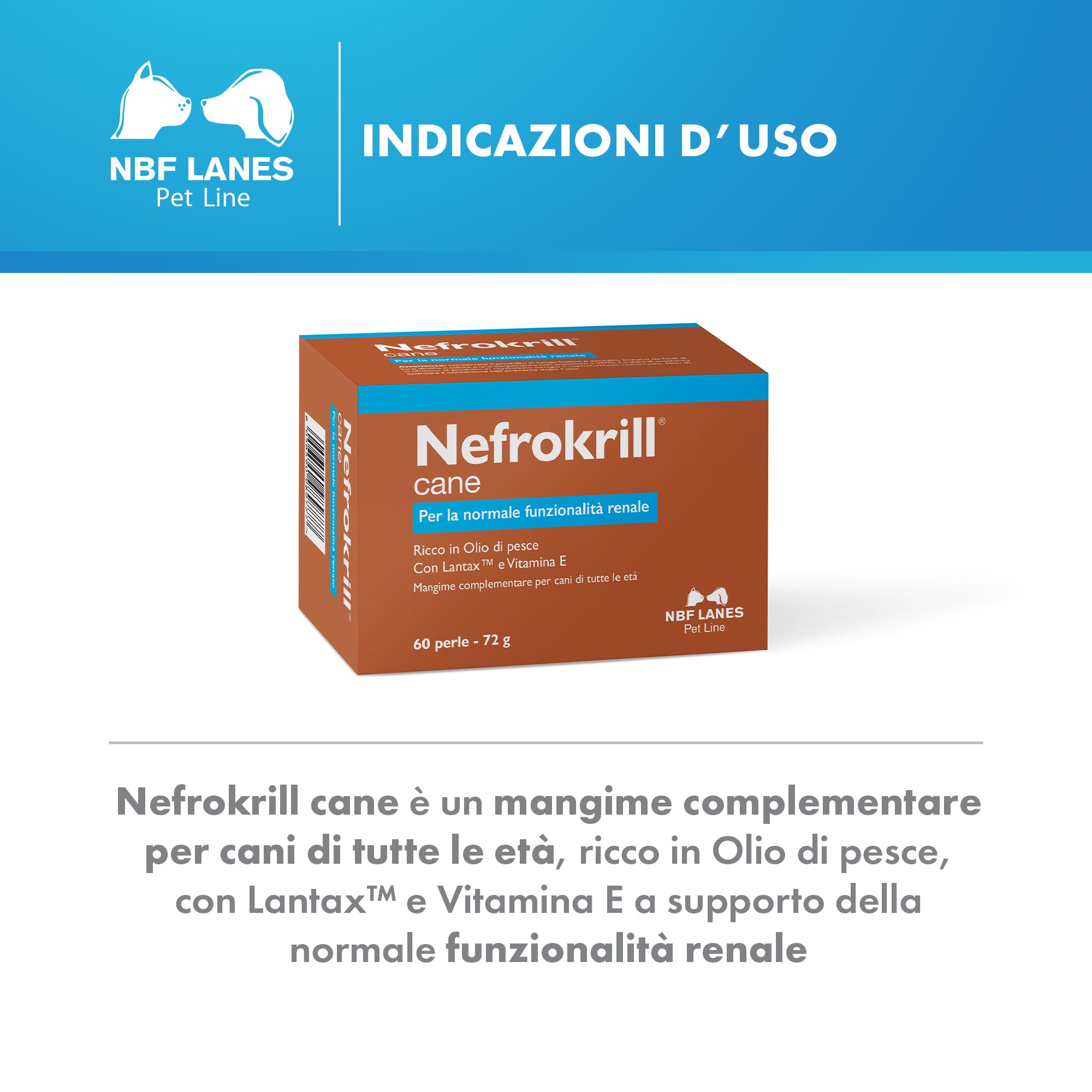 NBF Lanes | Nefrokrill Cane, 60 Perle Softgel, per la Normale Funzione Renale nei Cani di Tutte le Età