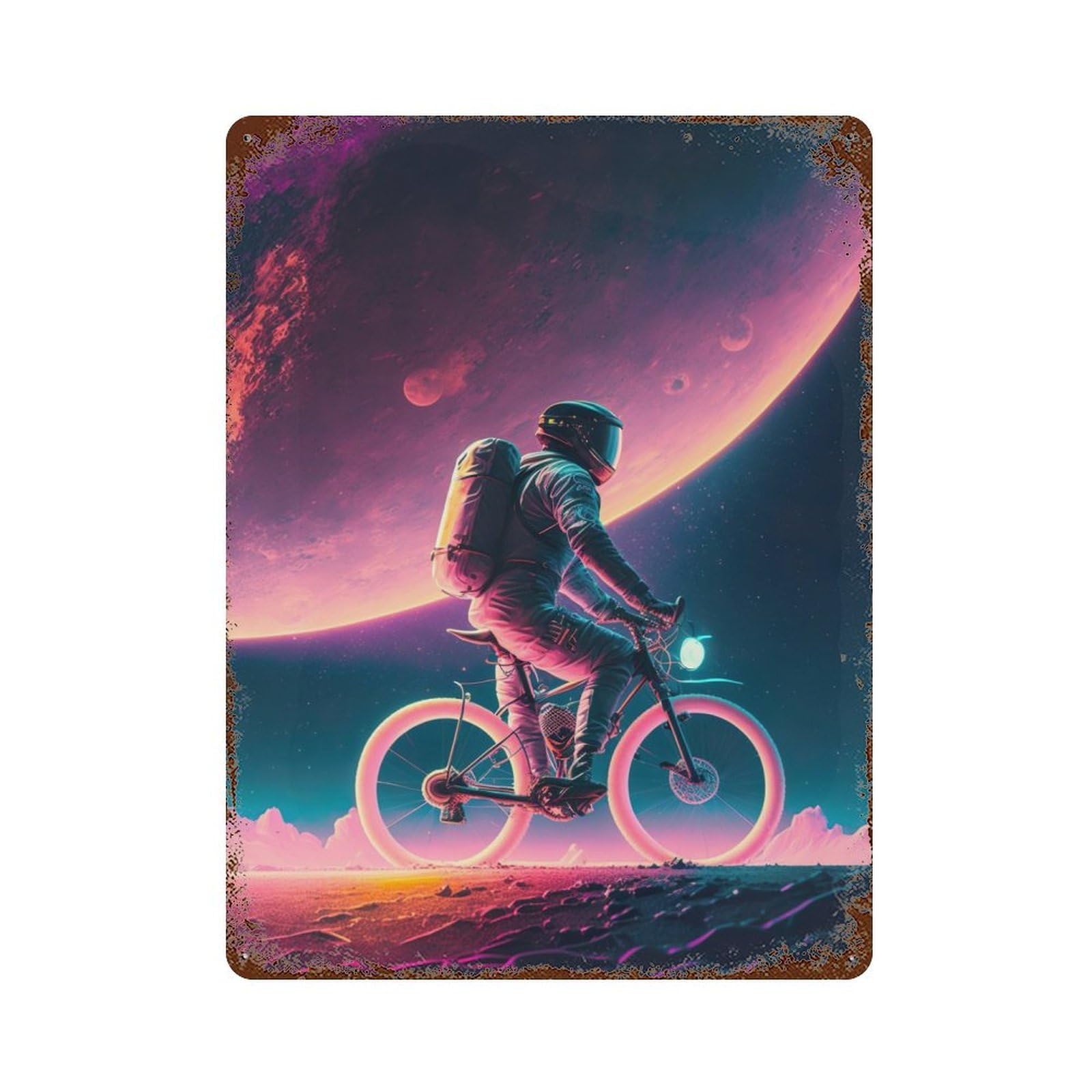 Cycling Space Astronaut Vintage Wall Sign 15.7"x11.8", Rust Effect Metal Decor for Cafe, Home Bar And Lounge Decor