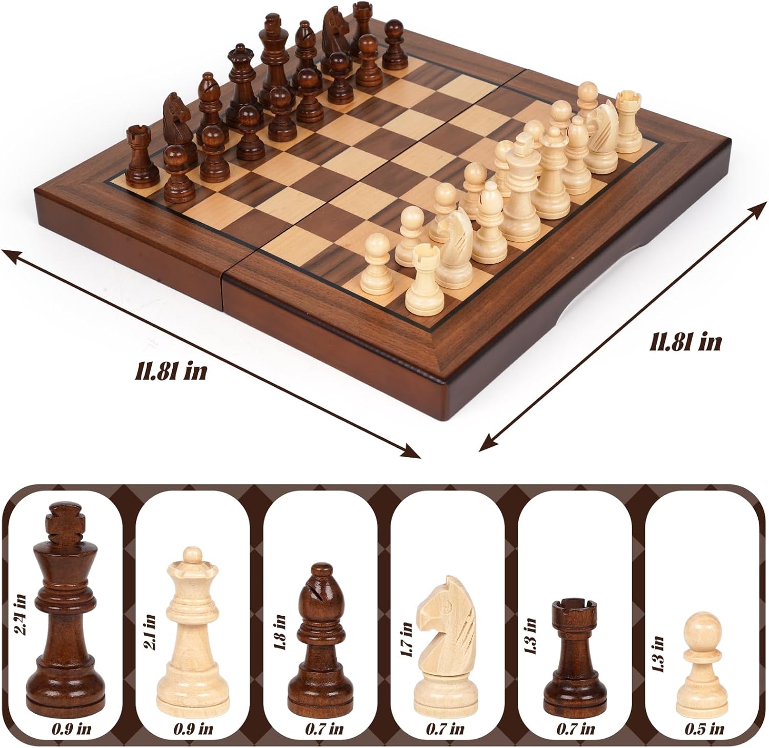 2 in 1 Magnetic Wooden Chess and Checkers Board Game Set, 12" Folding Chess Boards, Portable Travel Chess Sets with Pieces Storage Slots, Beginner Chess Game Set for Kids and Adults