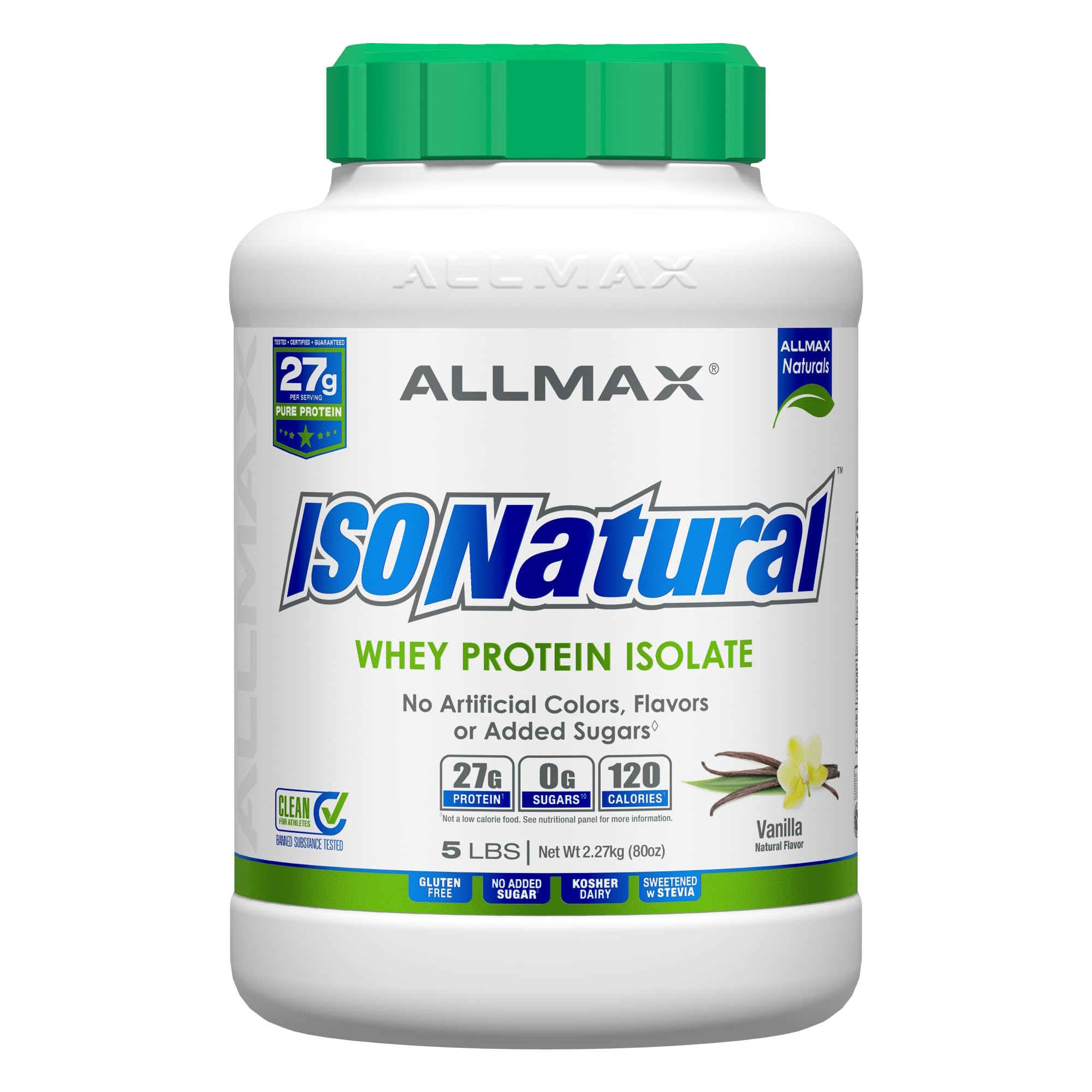 Proteína de suero aislada ISONATURAL de ALLMAX Nutrition, sabor vainilla - 2.25 kg - 27 g de proteína por cucharada - Sin grasa ni azúcar - 99 % libre de lactosa - Con prebióticos - Sin sabores artificiales - 73 porciones