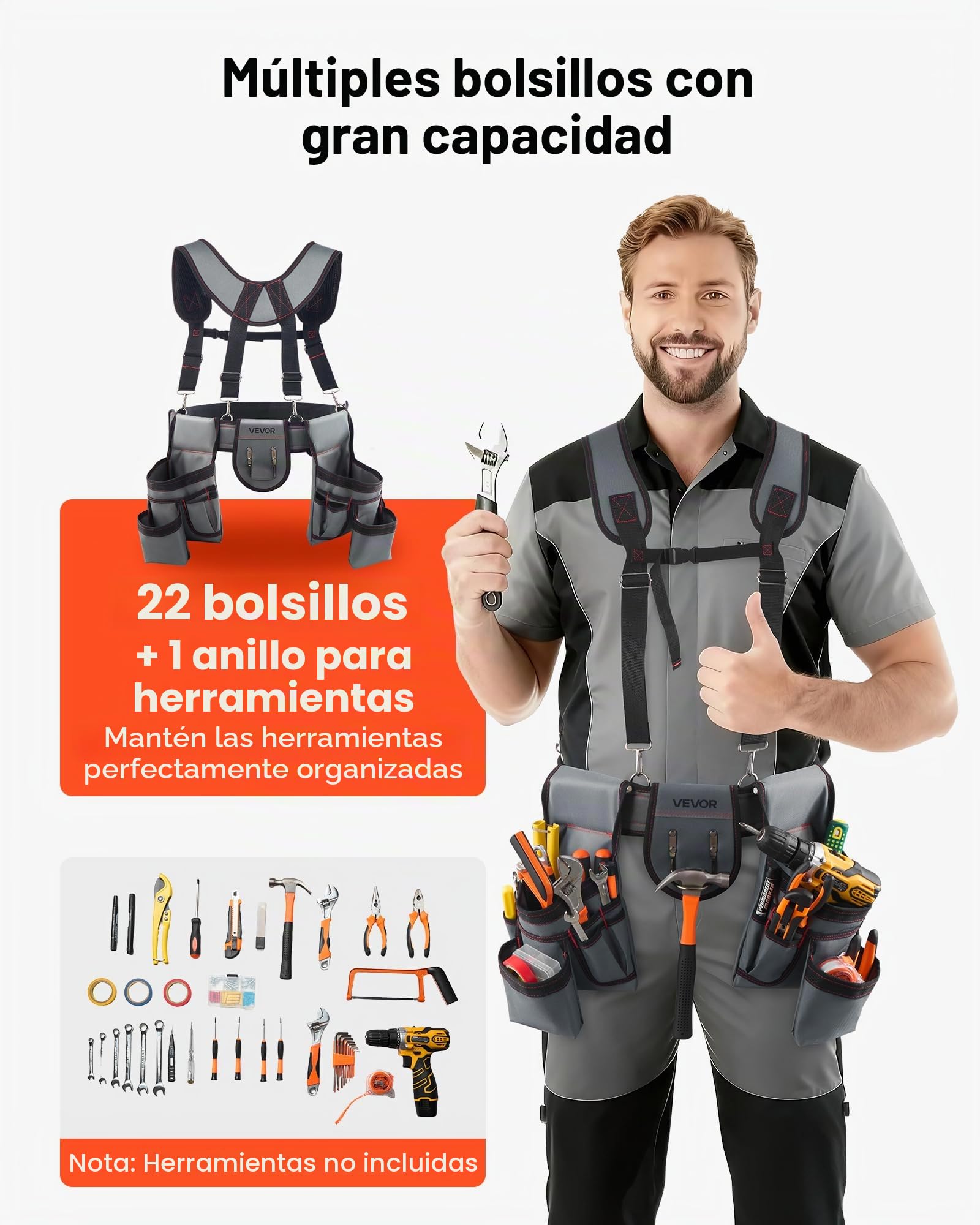 VEVOR Cinturón Portaherramientas para Profesionales, con 22 Bolsillos y Tirantes, Funda para Riñonera para Electricistas, Carpinteros y Obreros de la Construcción, Ajustable de 810 a 1730 mm