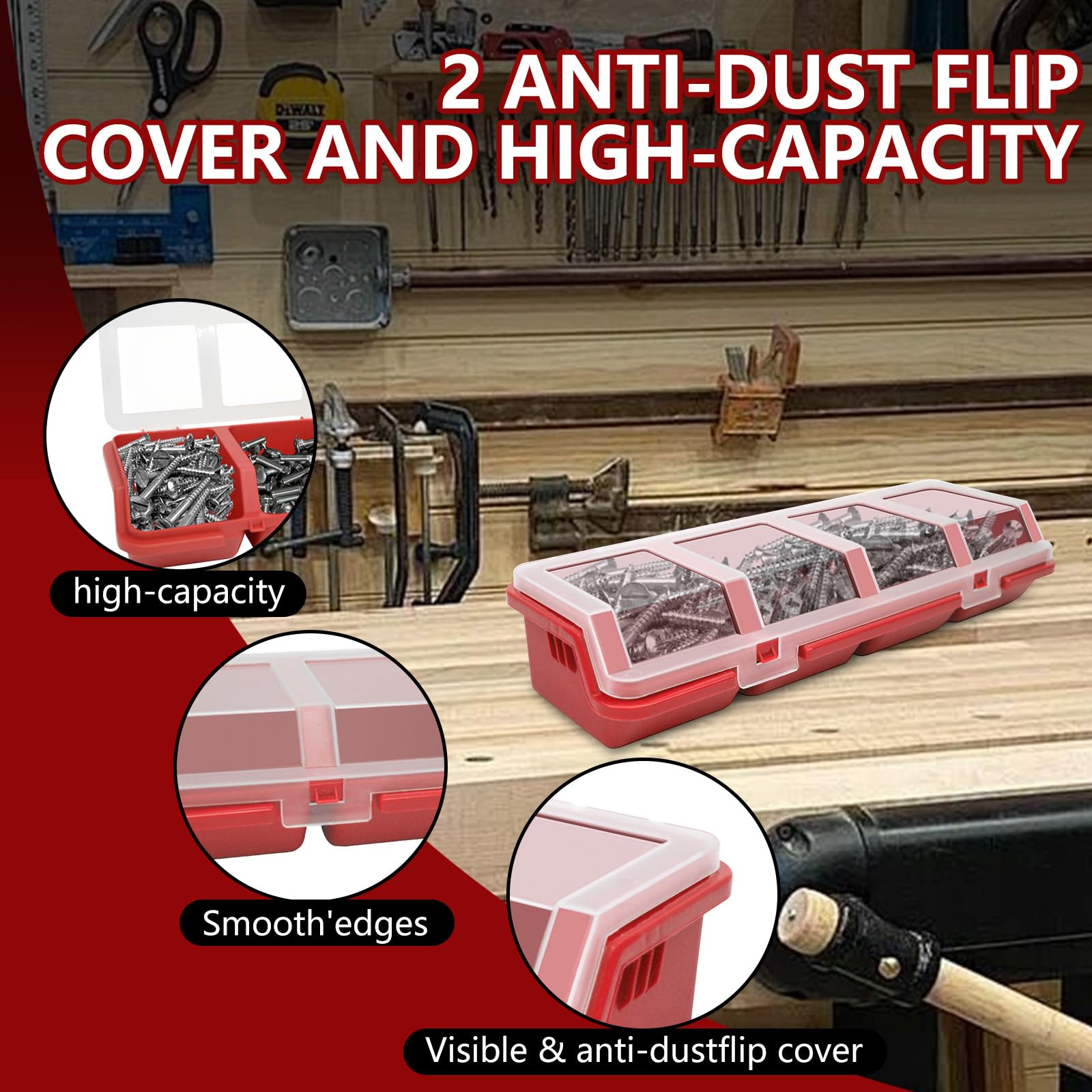 AJCSCM 4 Pcs Screw Nail Organizers and Storage Bins with Lids, Stackable Plastic Divided Small Parts Storage Organizer for Garage Craft Tool, Tool Cart Cabinet Divided Drawers Organizers Storage