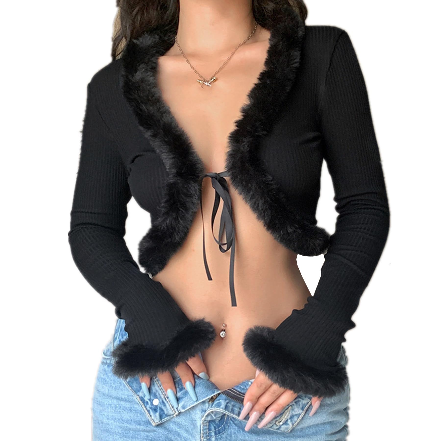 Womens Sexy Feather Trim Blouse Tops Long Sleeve Tie-up Cardigan Faux Fur Crop Top Rave Festival Outfits