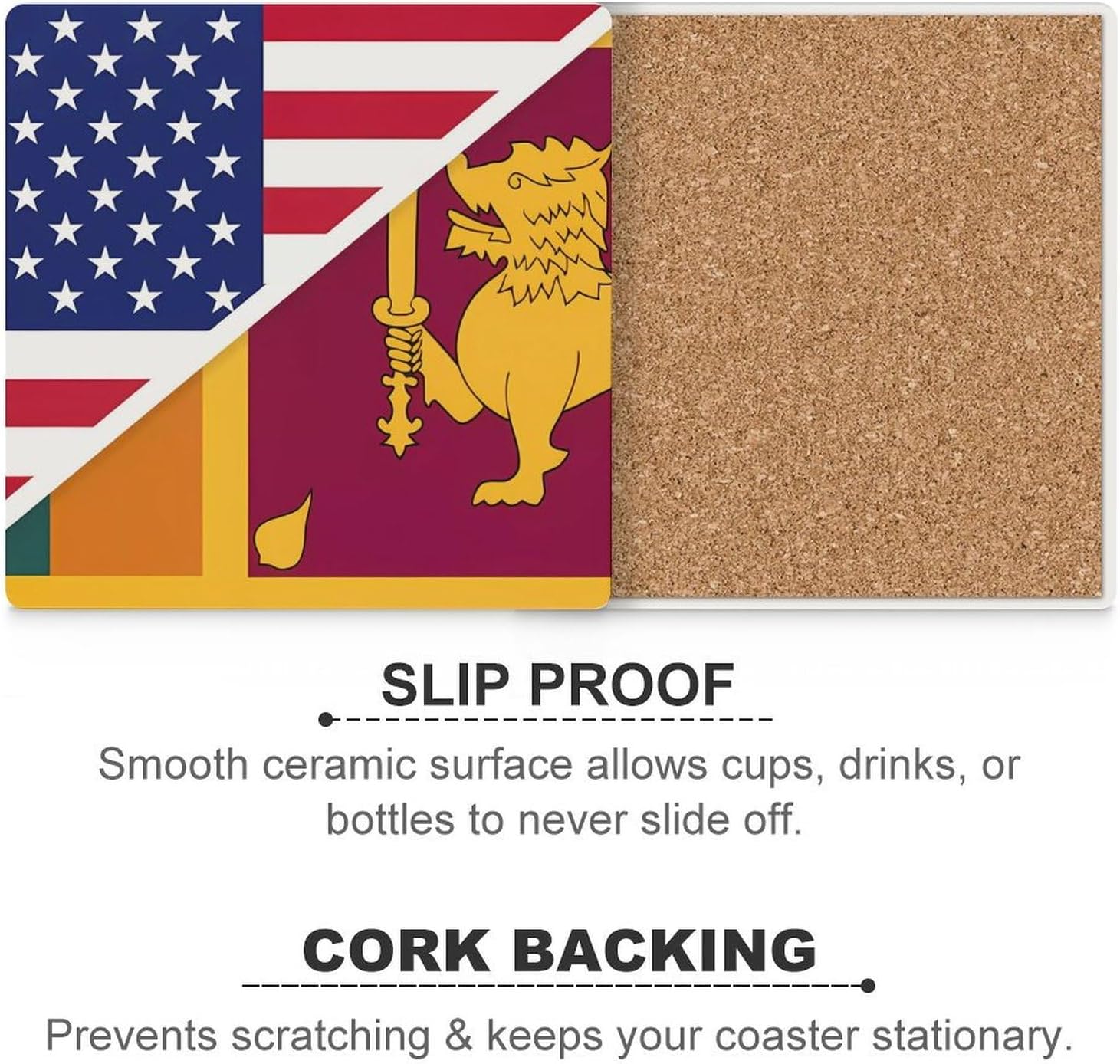 Sri Lanka U.S.A. Flag Funny Ceramic Coasters for Drinks Absorbent Cup Holder Tabletop Protector with Cork Base