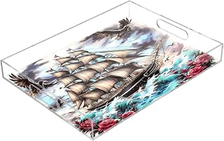 Serving Tray with Boat Print Suitable for Coffee Tables and Kitchens, Acrylic Tray for Makeup Organizing (15.7X11.8inch)
