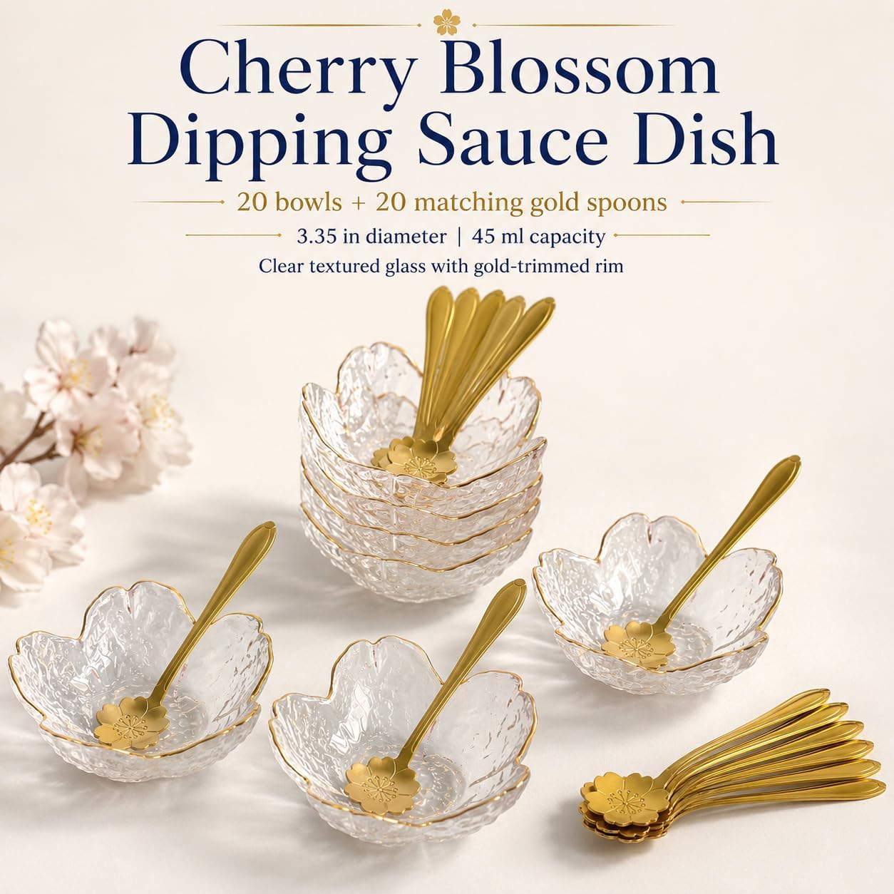 Mini Glass Sauce Dishes, Clear, Cherry Blossom, 3 oz, Set of 20
