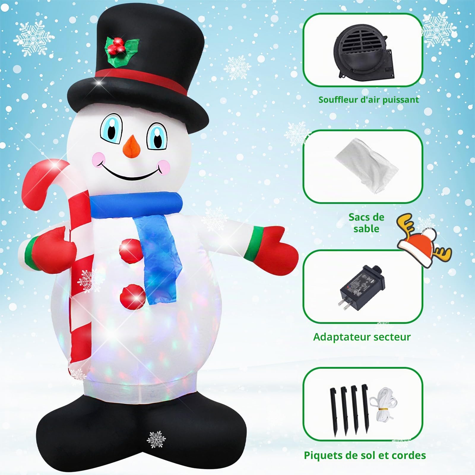 Bonhomme de neige gonflable de 1,5 m : décorations de Noël gonflables avec lumières LED intégrées, décoration gonflable de Noël pour l'extérieur et l'intérieur