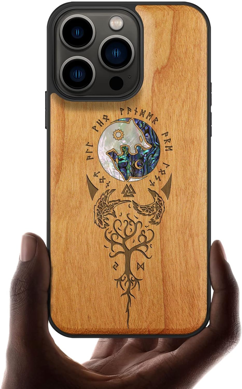 Carveit Designer Wooden Protective Case for iPhone 13 Pro Magnetic Cover [Wood Engraving & Shell Inlay] Unique Wood Phone Case Compatible with 13 Pro MagSafe 6.1 Inch (Wolf-Blackwood)