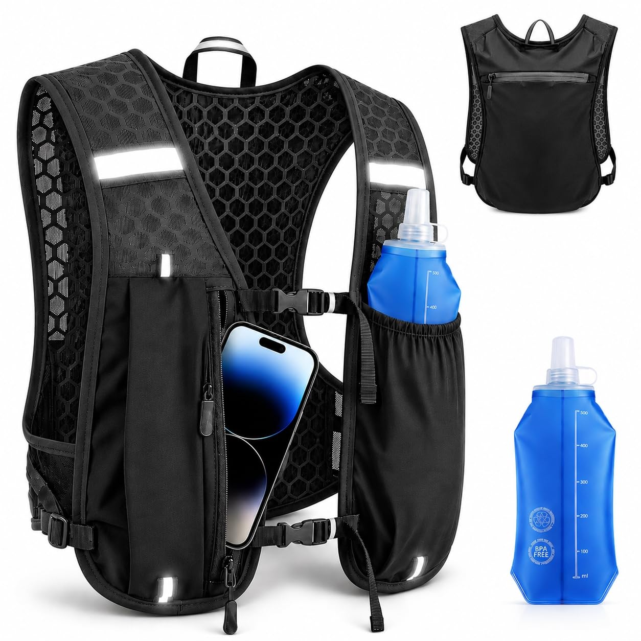 Running Vest with Water Bottle for Women men, Reflective Hydration Vest with 500ml Water Bottles, Lightweight Running Backpack For Climbing Hiking Cycling, Ideal For Marathon