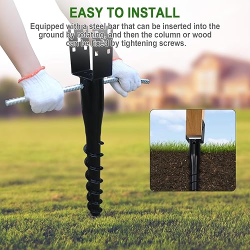 Miniatura 6 de YXJSTO Anclaje de tierra sin excavación de 4 x 4 (3.5 x 3.5 pulgadas3.6 x 3.6 pulgadas), tornillos negros modelo U en estaca de poste, anclaje de 27