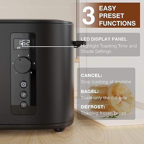 Miniatura 4 de Tostadora de 4 rebanadas de ranura extra ancha de 1.5 pulgadas con temporizador de cuenta regresiva, 6 ajustes de tostado, estante de calentamiento