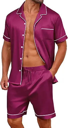 Vssjavun Mens Satin Silk Pajamas Sets Short Sleeve Button-Down Sleepwear Two Piece Loungewear with Pockets
