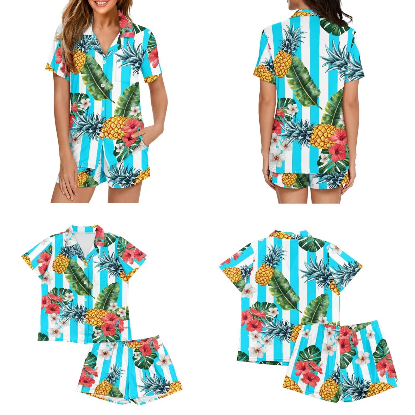 Pijamas a juego para parejas para él y ella, estilo casual, manga corta, con botones, ropa de descanso, 2 piezas