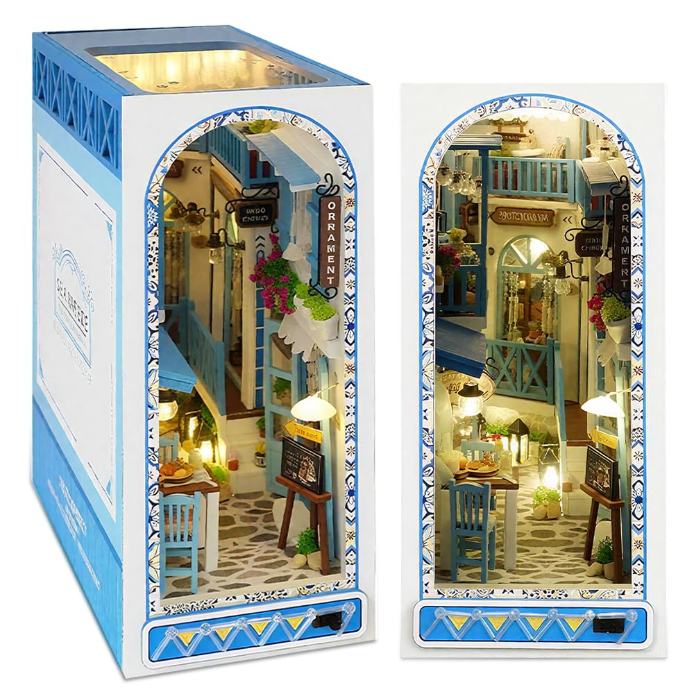 Rppiup DIY Book Nook Kits for Adults, Book Nook Kit with Led Light, DIY Miniature Dolls House, Bookend Shelf Insert, Wooden Book Nooks Dollhouse Kit, Building Model Gift for Adults Teens (Sea Breeze)