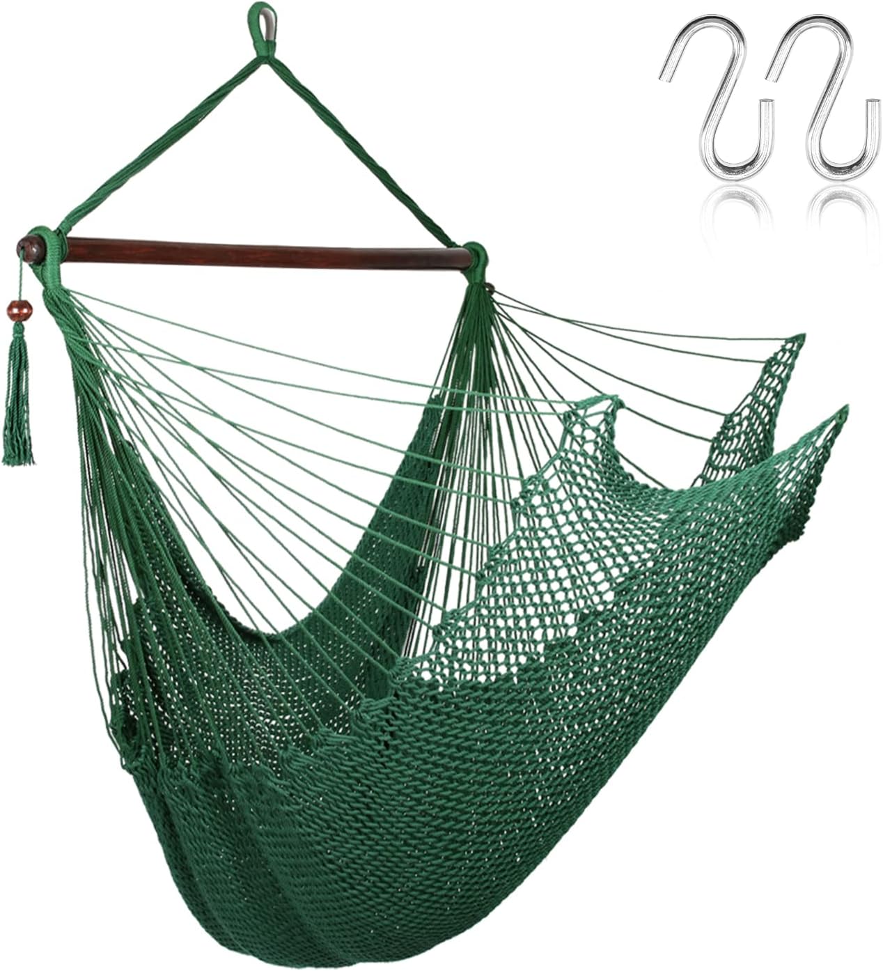 Caribbean Hammock Chair with 2 Hanging S Hooks, Indoor Outdoor Hammock Swing Chair with Hardwood Spreader Bar and Hanging Hardwear Kits