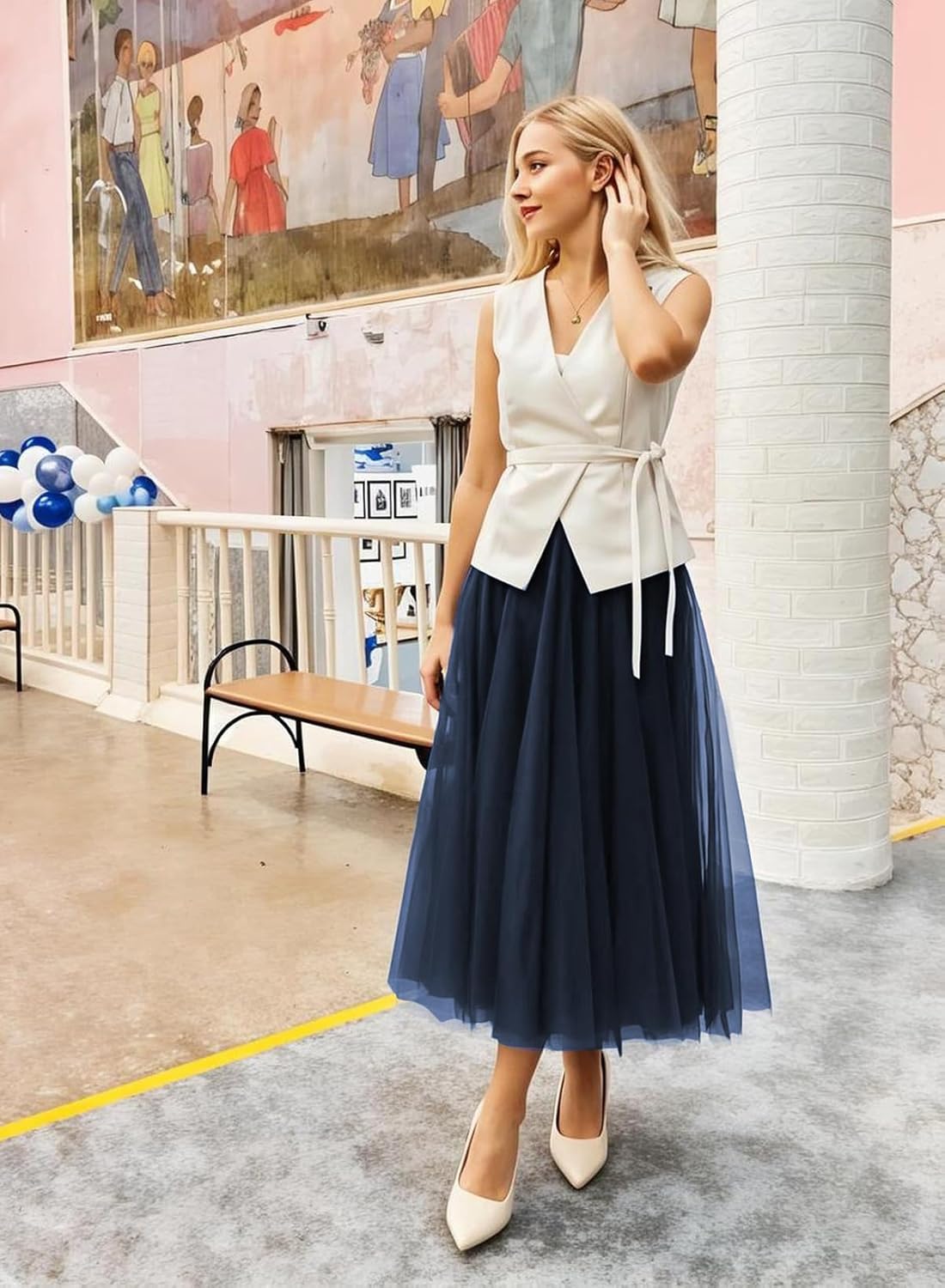 Happy Sailed Womens Tulle Skirt Elastic High Waisted A-Line Layered Flowy Long Skirts Date Night Outfit - Image 2