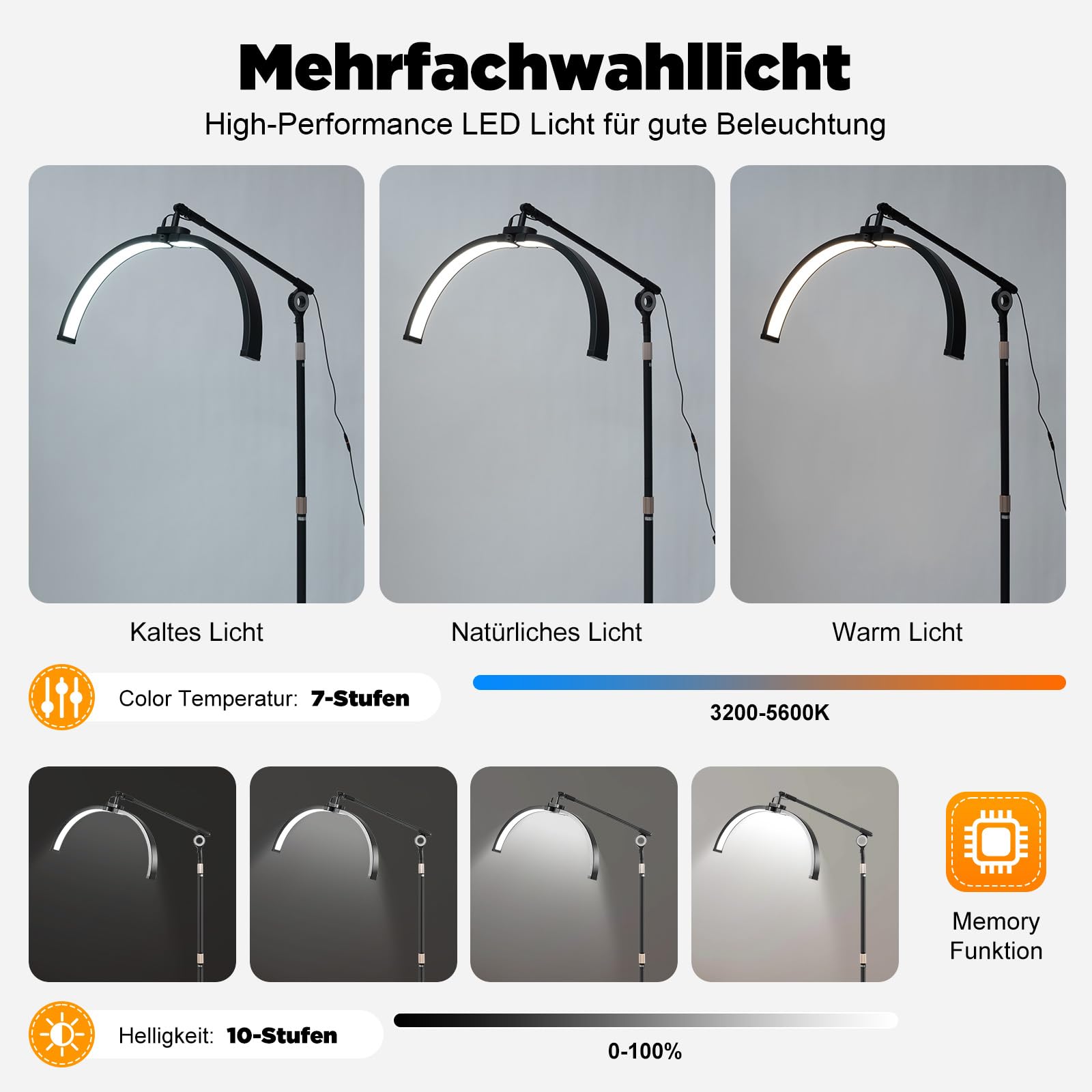 Półksiężyc lampa do tatuażu, lampa kosmetyczna, lampa do przedłużania rzęs i lampa kosmetyczna z uchwytem na telefon, regulacja 350°, temperatura barwowa 3200-5600 K, profesjonalna lampa
