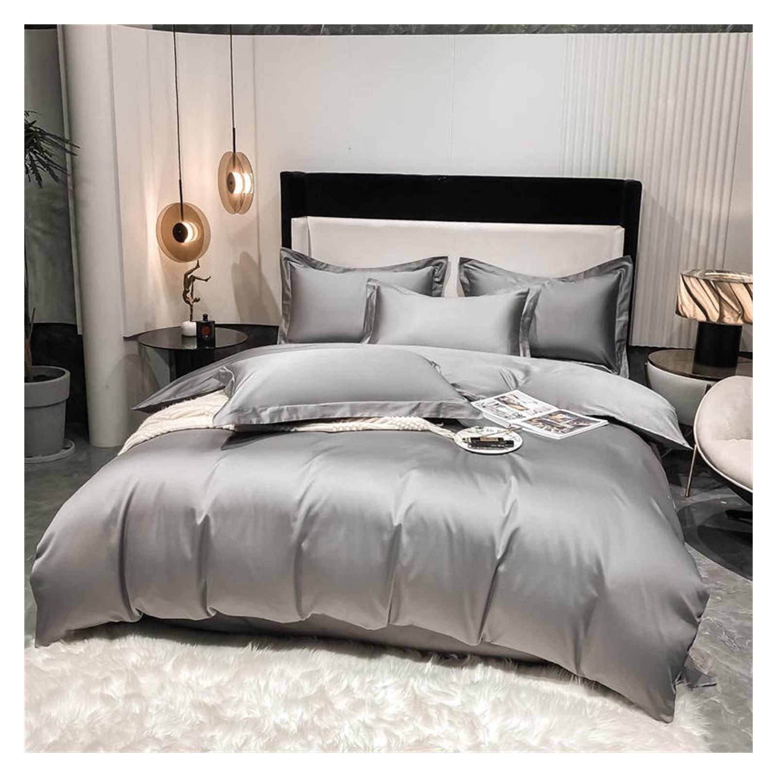MJWDP Solid Color Cotton Twin Family Size Bedding Set Soft Duvet Cover with Zipper Bed Sheet Pillowcases (Color : Gray, Size : Family Size 5Pcs)
