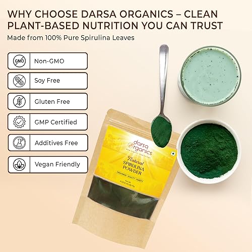 Miniatura 4 de Darsa Organics Espirulina en polvo natural de 4 onzas  Superalimento vegano puro, alto en proteínas, antioxidantes y nutrientes para apoyo