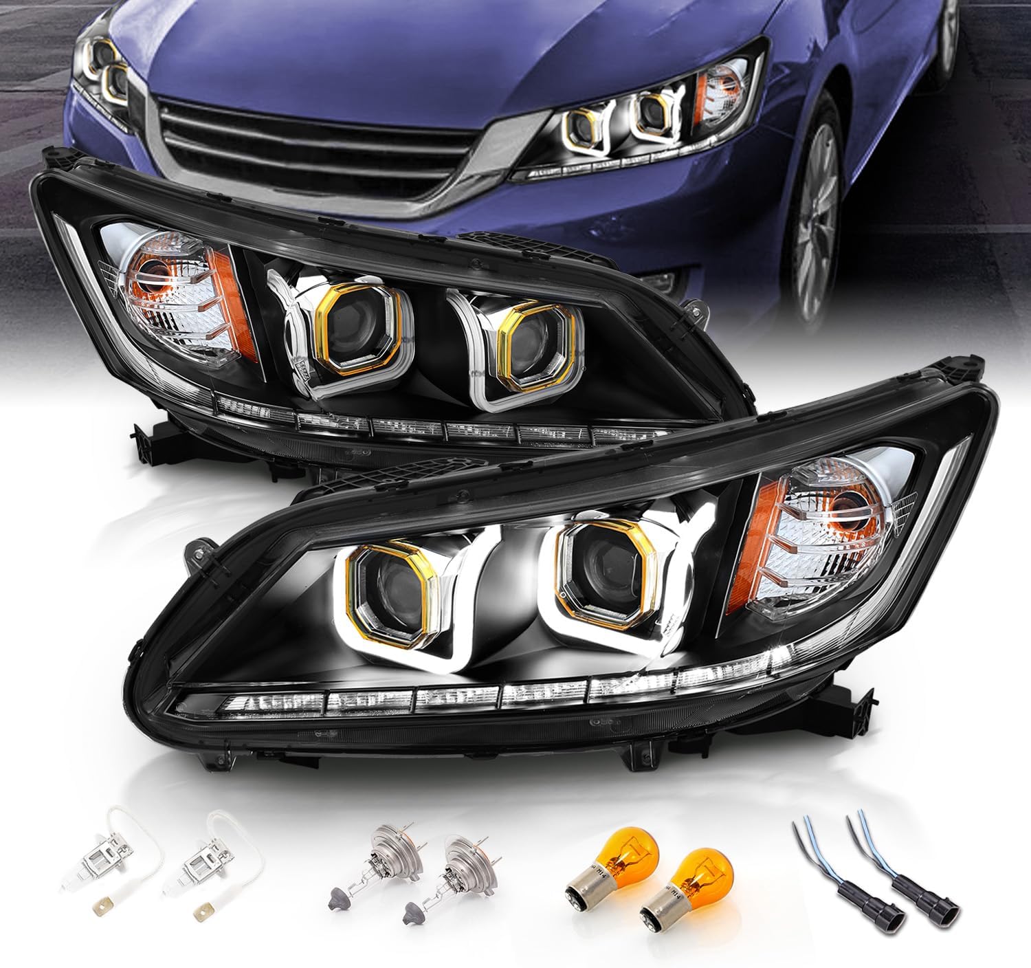 AmeriLite Black Projector Replacement Headlights LED Bar Set For Honda Accord - Passenger and Driver Side (Not Compatible with Factory LED DRL version)