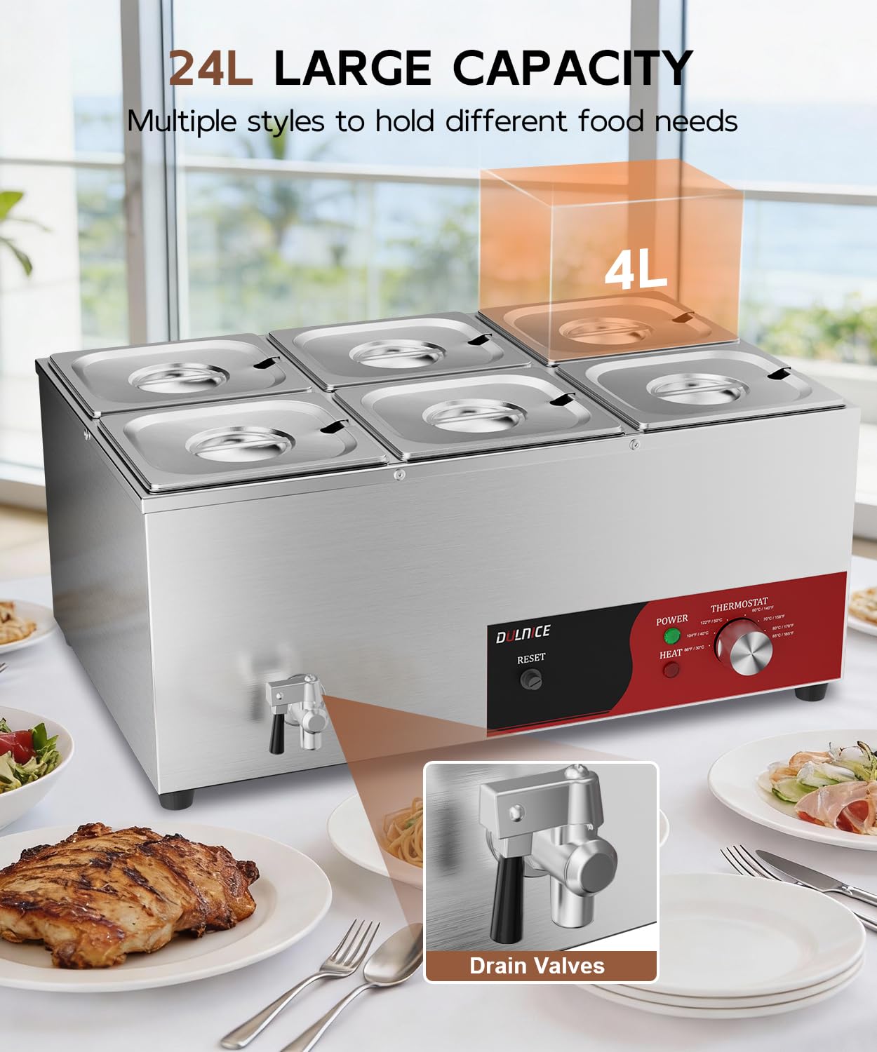 Bain-Marie Électrique 6 bacs avec Réinitialisation, Réchauffeur Électrique Commercial pour Buffet 1500W avec Robinet de Vidange et Cuillère à Soupe pour Cantines et Cafés, Contrôle de la