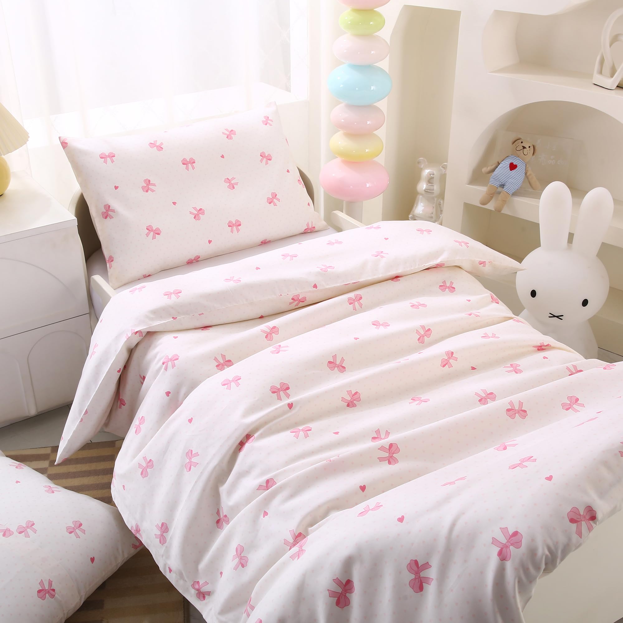 HMtideby Pink bowknot Toddler Kids Bedding Set for Girls, Cot Bed Duvet Cover with Pillowcase, 2 pcs, 120 x 150 cm - Image 3