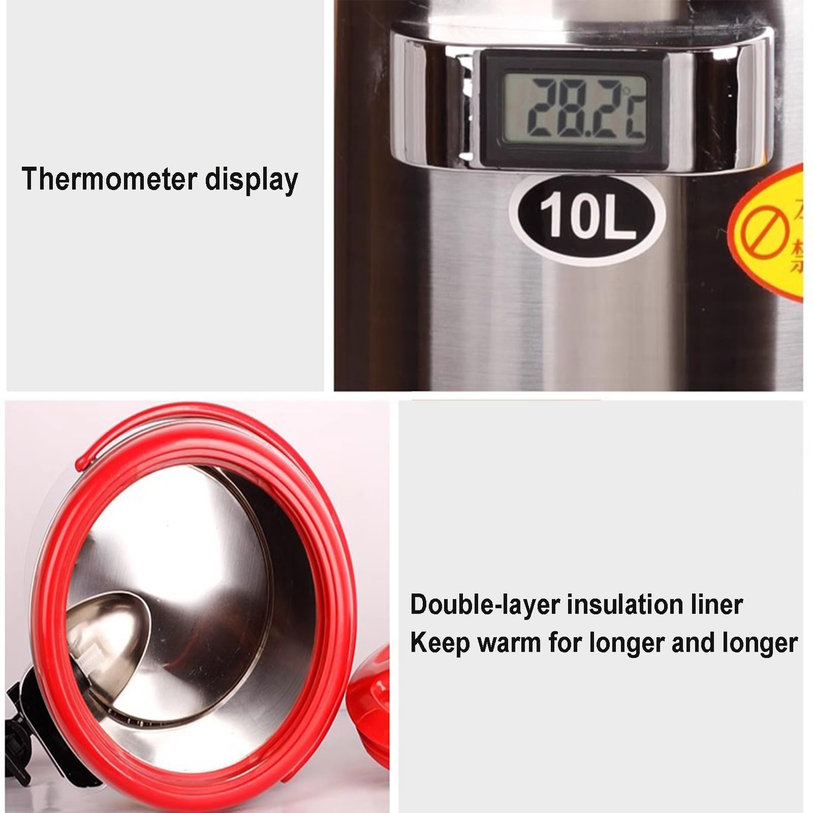 Isolierte Lebensmittelbehälter aus Edelstahl, Gewerblicher isolierter Eistee-Eimer, Isolierter Getränkespender aus Edelstahl, Großer Behälter für Tee und Saft (Red-12L)