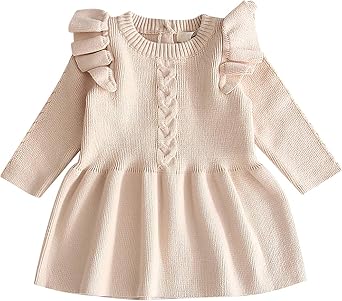 OBEEII Baby Girl Sweater Dress Toddler Long Sleeve Pleated Knit Dress Cute Princess Party Dress Fall Winter Outfit