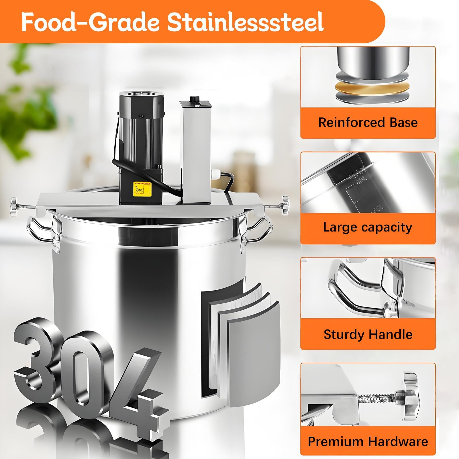 Mezclador de alimentos comercial, agitador automático con velocidad ajustable y cuchilla raspadora para salsas, mermeladas, chile y salsas de carne, perfecto para lotes de 30 L a 60 L