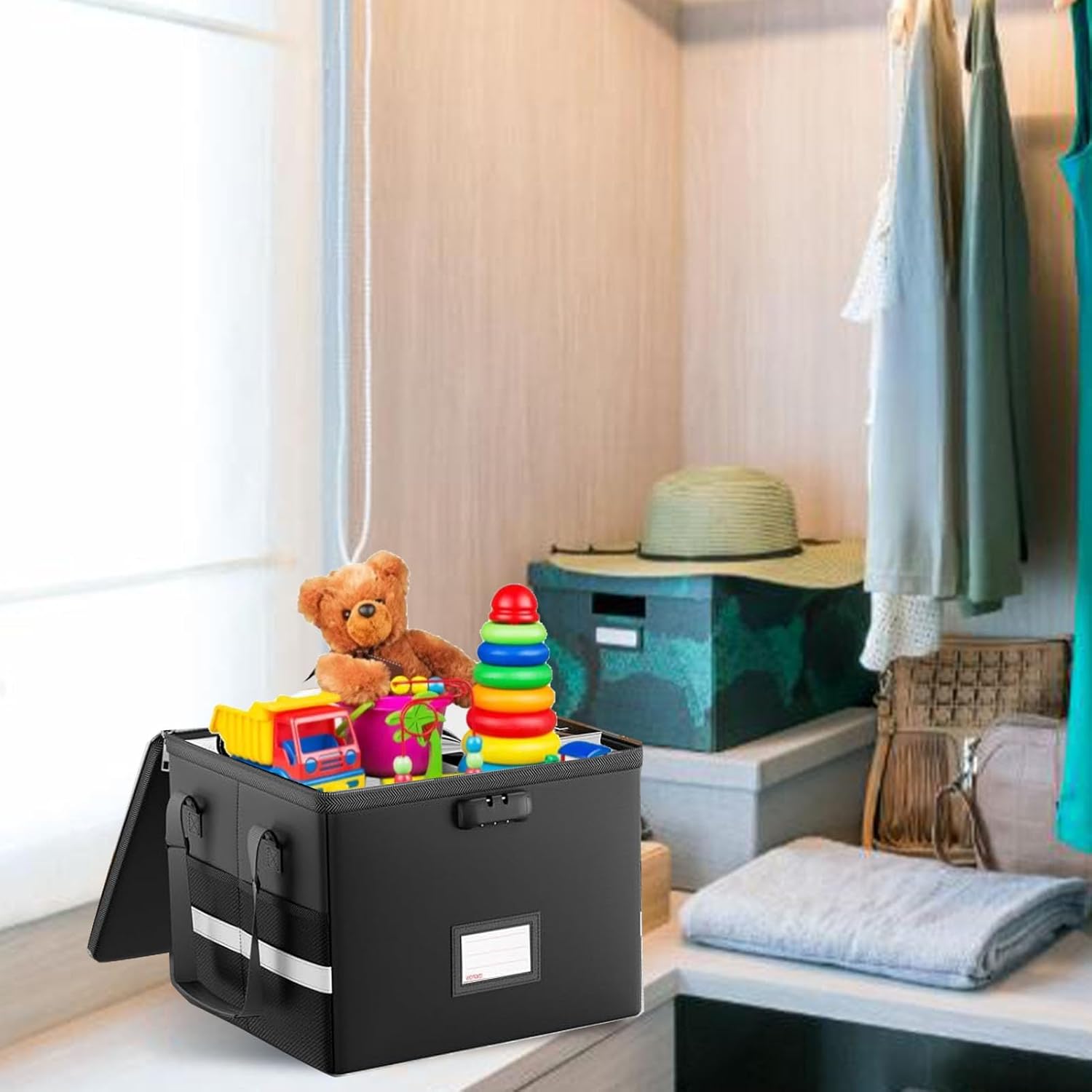 Luqeeg Portable Fireproof File Box, Antistatic Reflective Stripe Document Box, File Organizer Filing Storage Cabinet with Lock for Home Office Hanging Letter, Legal Folder