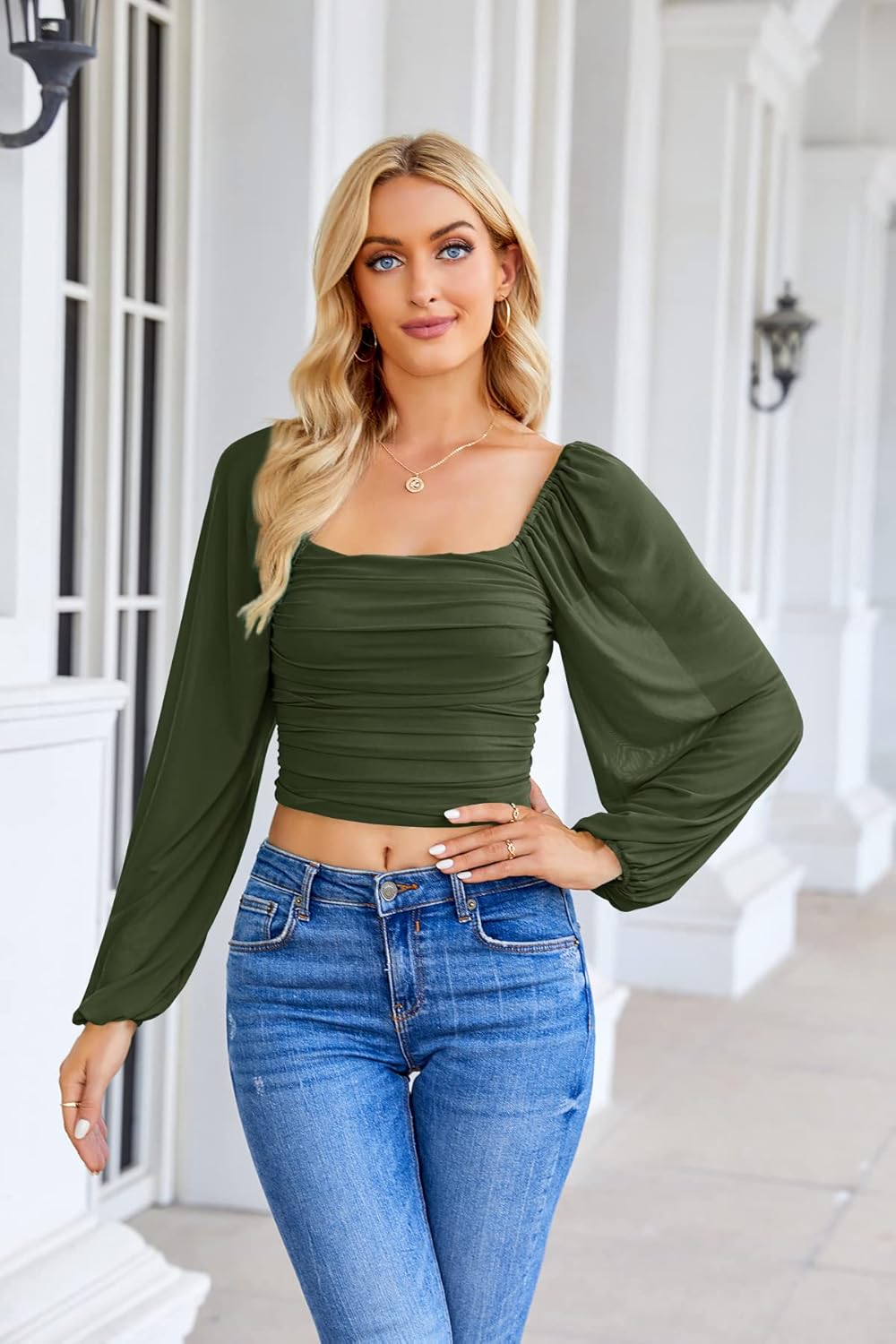 Wenrine Womens Mesh Long Sleeve Crop Tops Night Going Out Square Neck Off The Shoulder Ruched Shirt Blouses Dressy Casual - Image 3