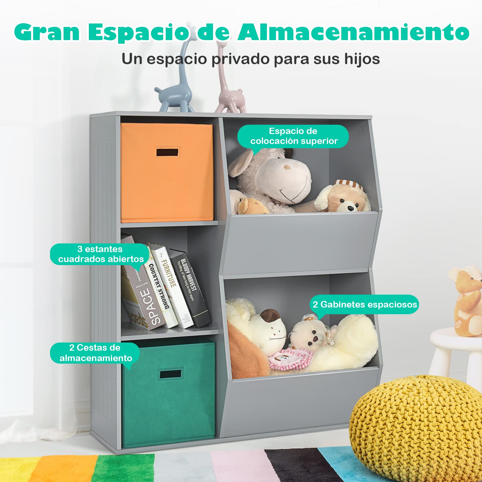 COSTWAY Estantería Infantil para Juguetes, Organizador de Juguetes, 3 Cubos y 2 Amplias Cajas Abiertas, Sala de Juegos de los Niños, Salón, 76 cm x 28 cm x 94 cm (Gris)