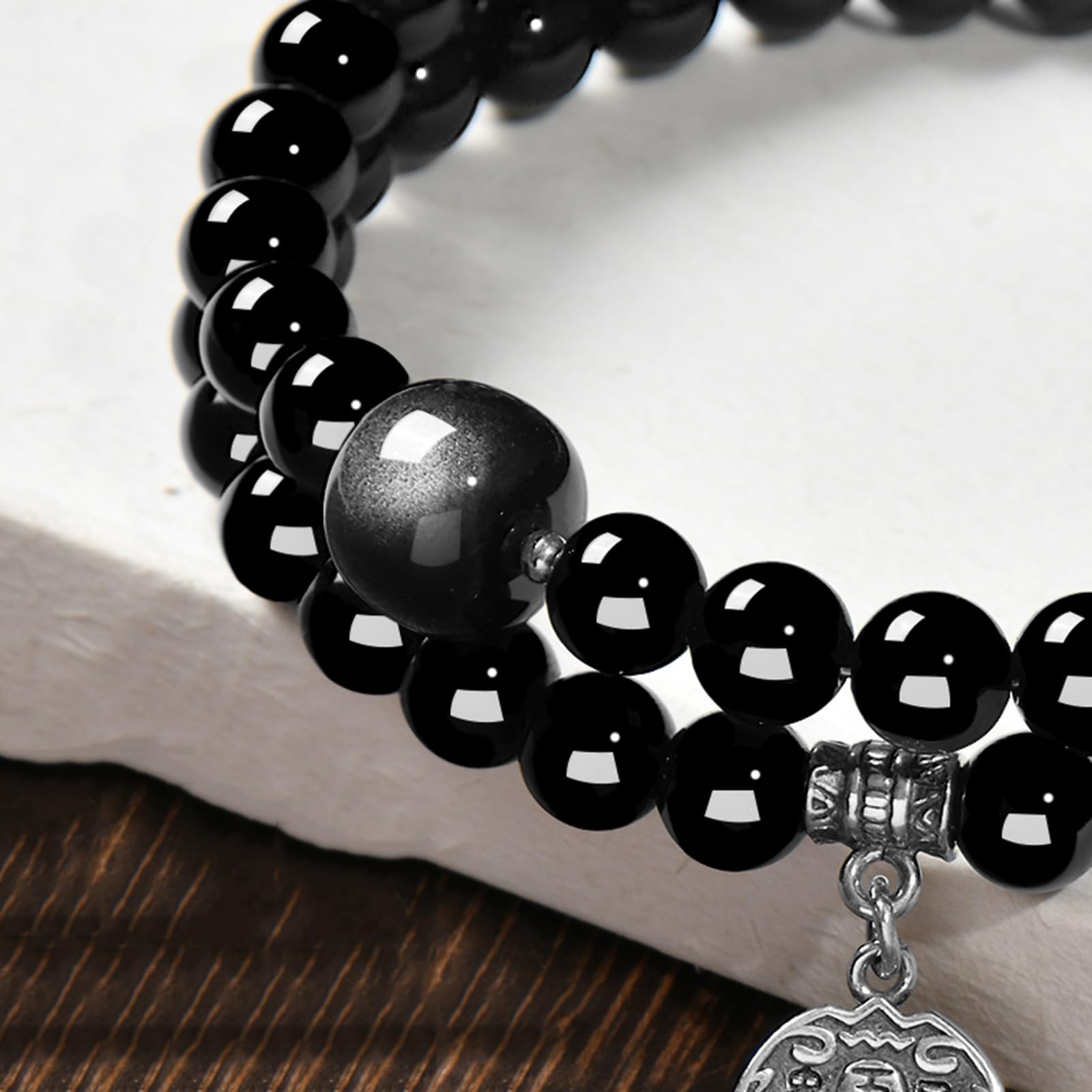 Bracciale con perline elasticizzate a doppio giro di ossidiana naturale | Amuleto di protezione spirituale e attrazione di ricchezza, braccialetto energetico Feng Shui per uomini e donne (6 mm)