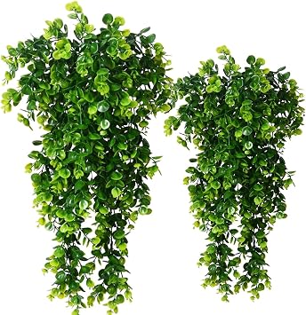 2pcs Artificial Hanging Plants Fake Hanging Plant Faux Eucalyptus Leaf Greenery Vine Outdoor UV Resistant Plastic Plants 2, Green