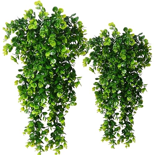 2pcs Artificial Hanging Plants Fake Hanging Plant Faux Eucalyptus Leaf Greenery Vine Outdoor UV Resistant Plastic Plants (2, Green)