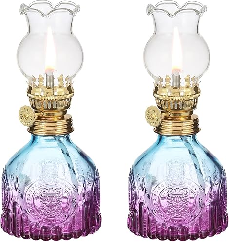 Paquete de 2 lámparas de aceite de vidrio de color degradado, farol de queroseno, lámparas de aceite vintage para uso en interiores, faroles de