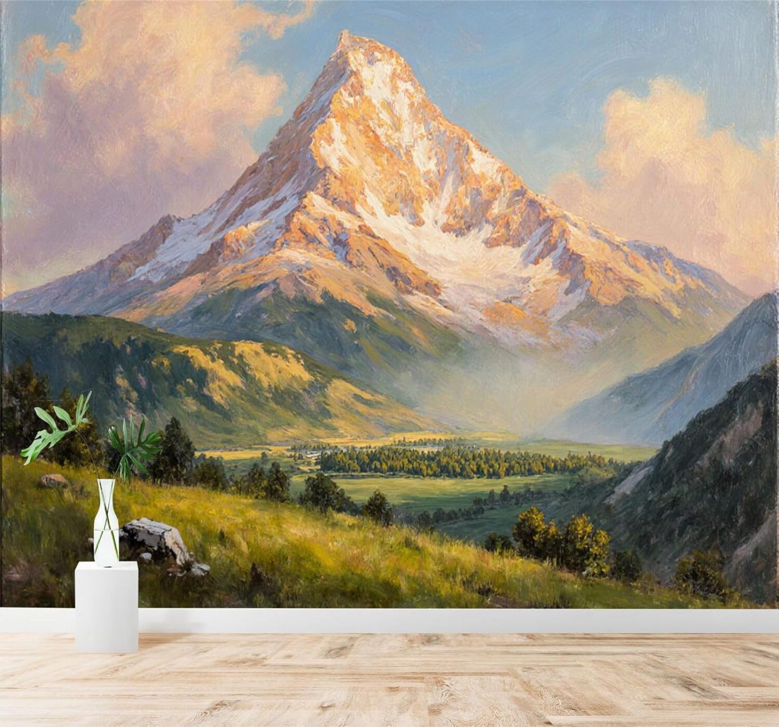 XLMING Sunset Mountain Scenery Snow Capped Peaks Green Valley Natural Landscape 3D Wallpaper Silky Texture Home Study Office Grey Dining Room Sofa Bedroom Living Room TV Backdrop-400cm×280cm