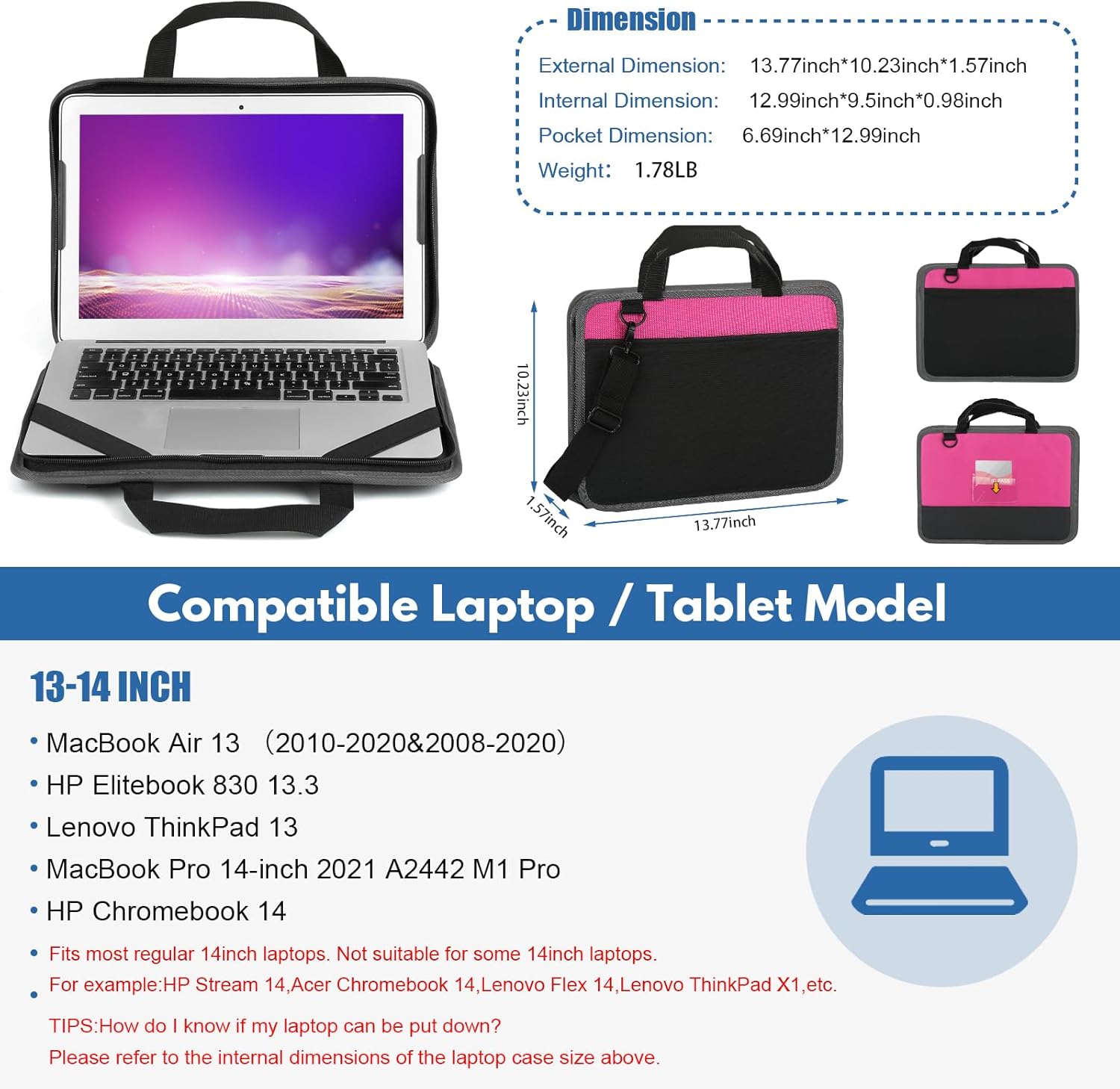 Laptop Case Sleeve 13-14 inch,Shockproof Computer Cover for HP,Protective Notebook Briefcase Carrying Bag for MacBook Air/MacBook Pro,Dell,Lenovo,Chromebook Computer Sleeve with Handle (Pink) - Image 3