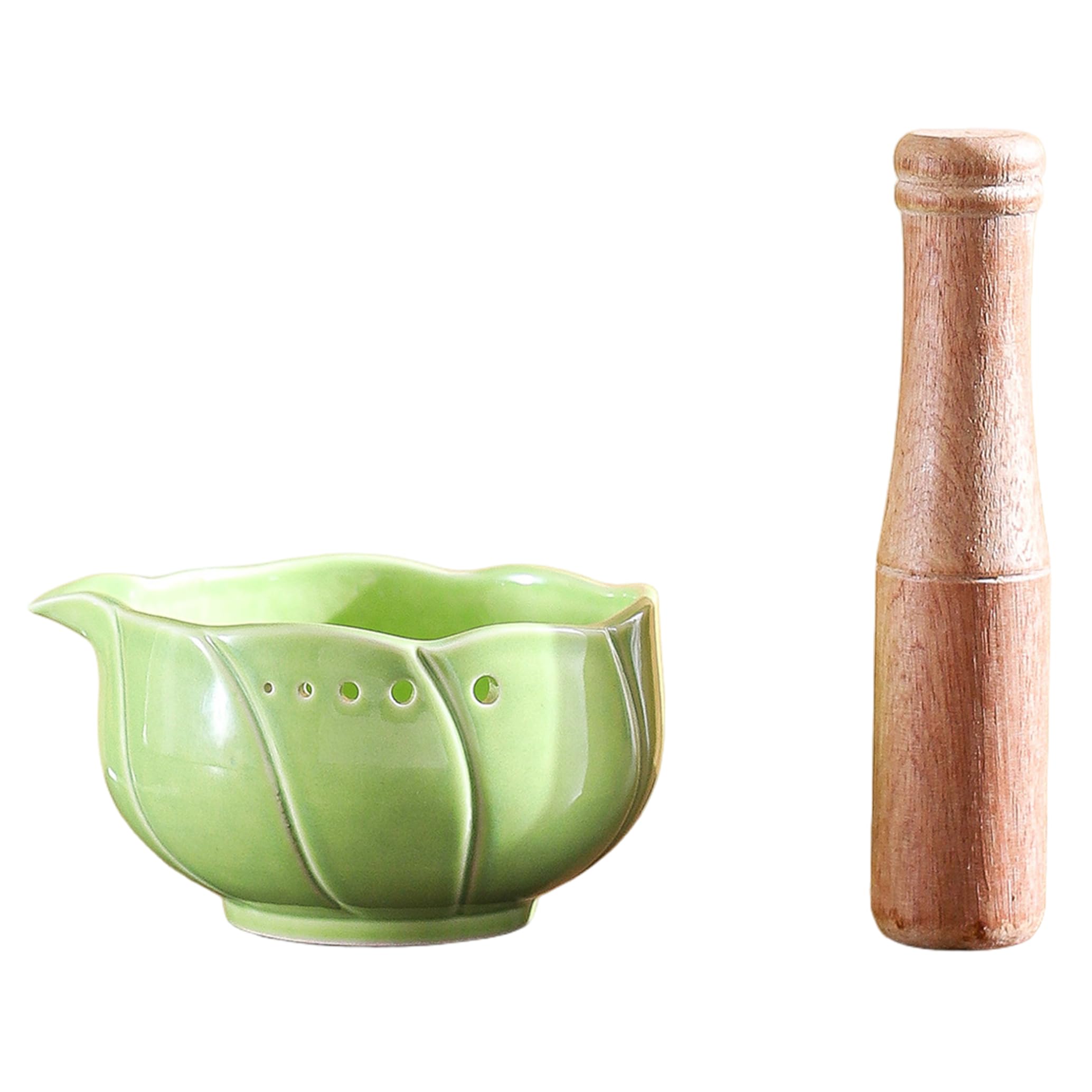 Ceramic Garlic Grater Bowl with Herb Stripper, Multi-function Petal-shaped Ceramic Garlic Grater Plate with Masher & Brush For Ginger - Green.