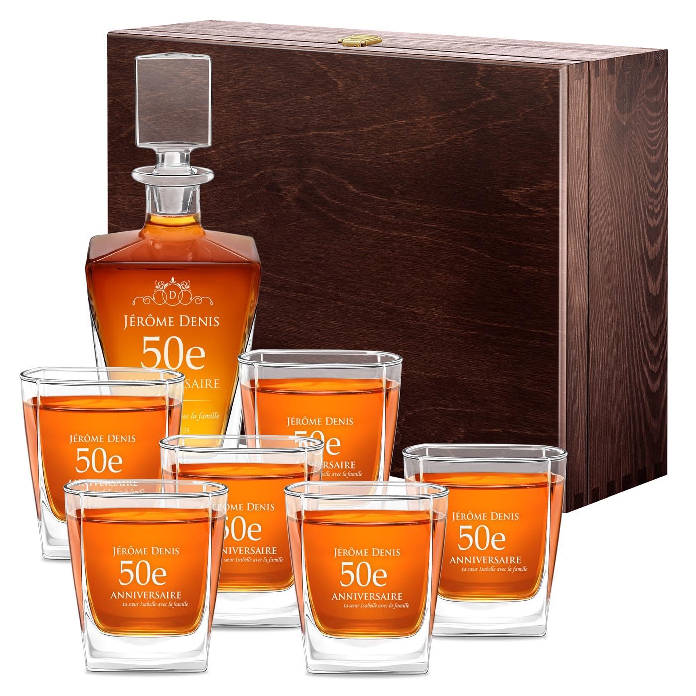 Maverton Carafe et Verres personnalisés - 800ml Bouteille avec 6 Verres à Whisky de 250ml - Accessoires bar pour hommes - Service à Whisky pour papa - pour anniversaire - 50 ans