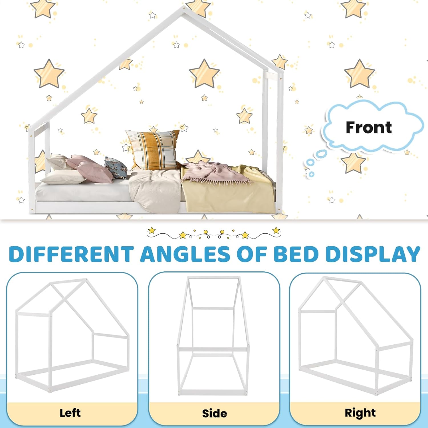Diagram showing different angles of the assembled bed frame: left, side, and right views.