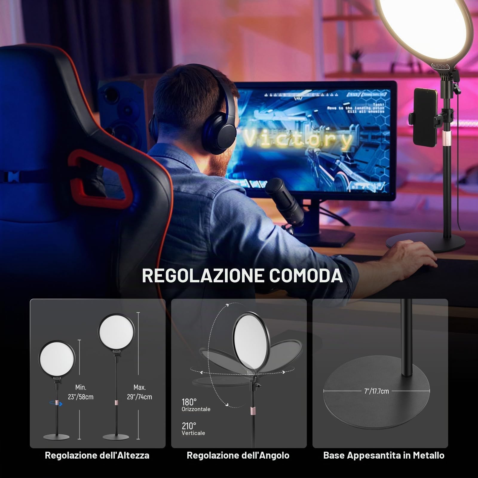 NEEWER Basics 10.5" Ring Light da Scrivania con Supporto/Supporto Telefono/Timer, Pannello LED Luce Fotografica dimmerabile da 15W a Schermo Intero per Selfie Foto Video, SOLO Alimentazione USB A, R10