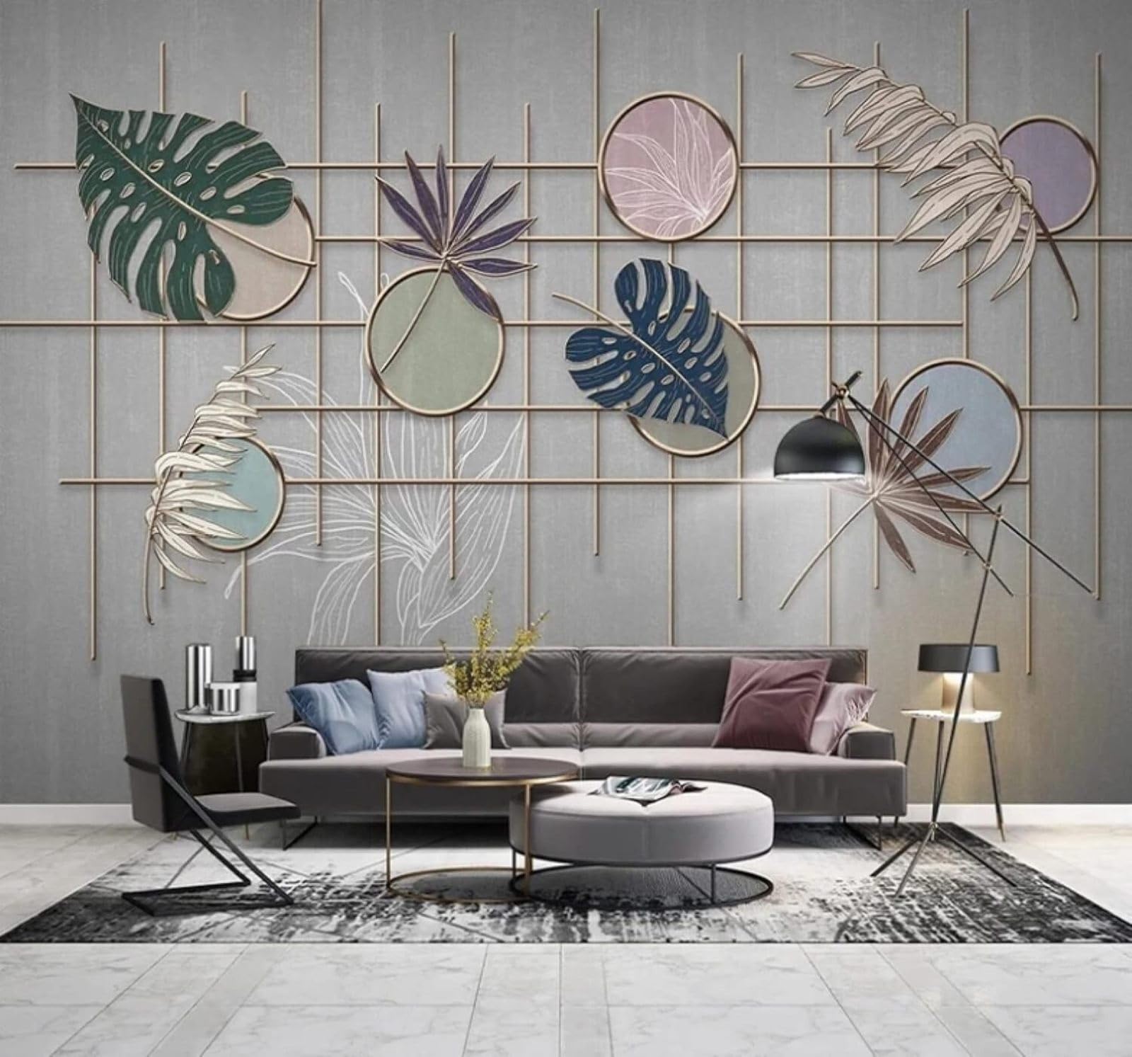 XLMING Creative Geometric Grid Plants Leaves 3D Wallpaper Luxury Silk Study Dining Feature Sofa Grey Bedroom Living Room Tv Decorative Wall-400cm×280cm