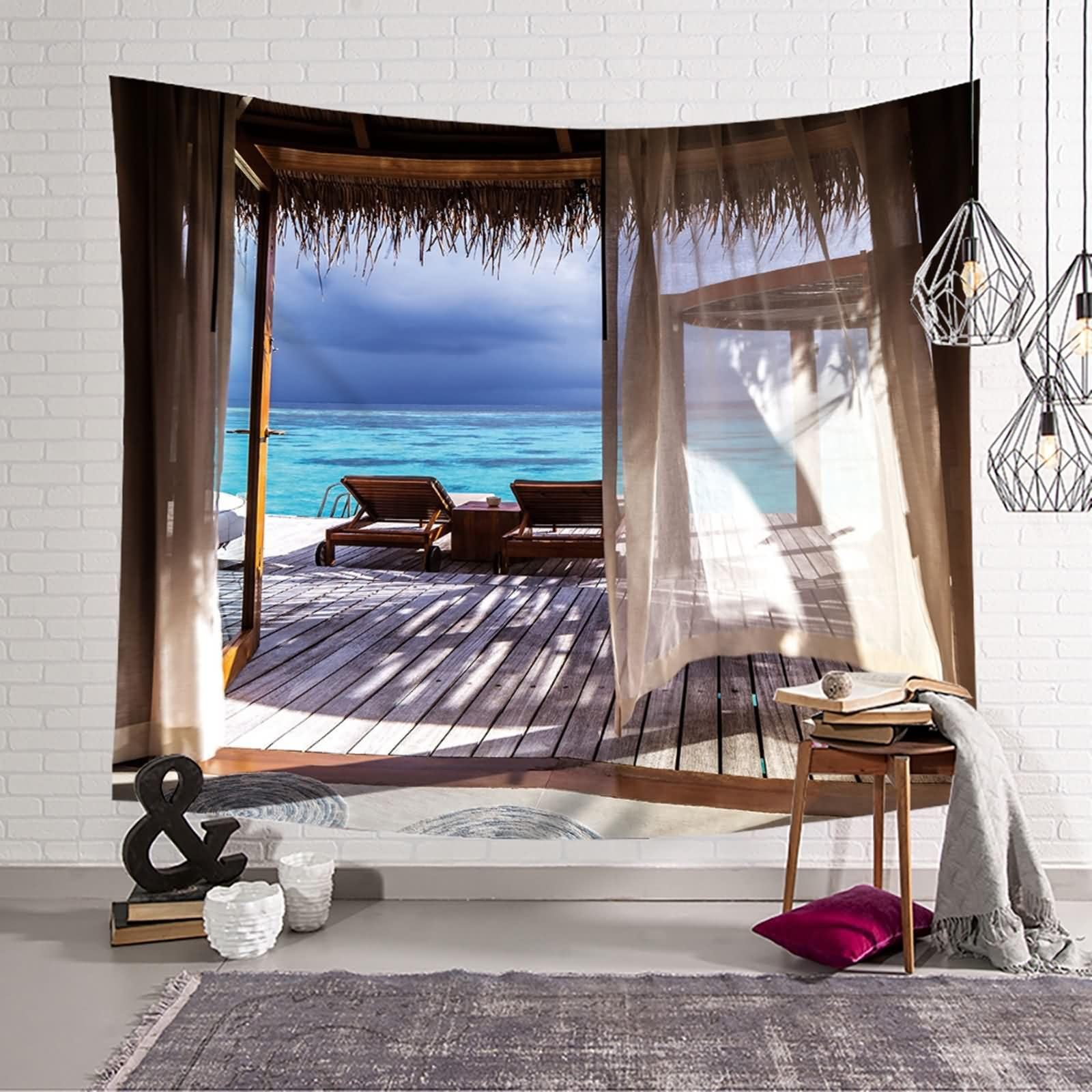 Homxi Tapiz para Sofá 260 x 240 CM,Paisaje de Costero Poliéster Decoración Paredes Tapices Marrón Azul Verde