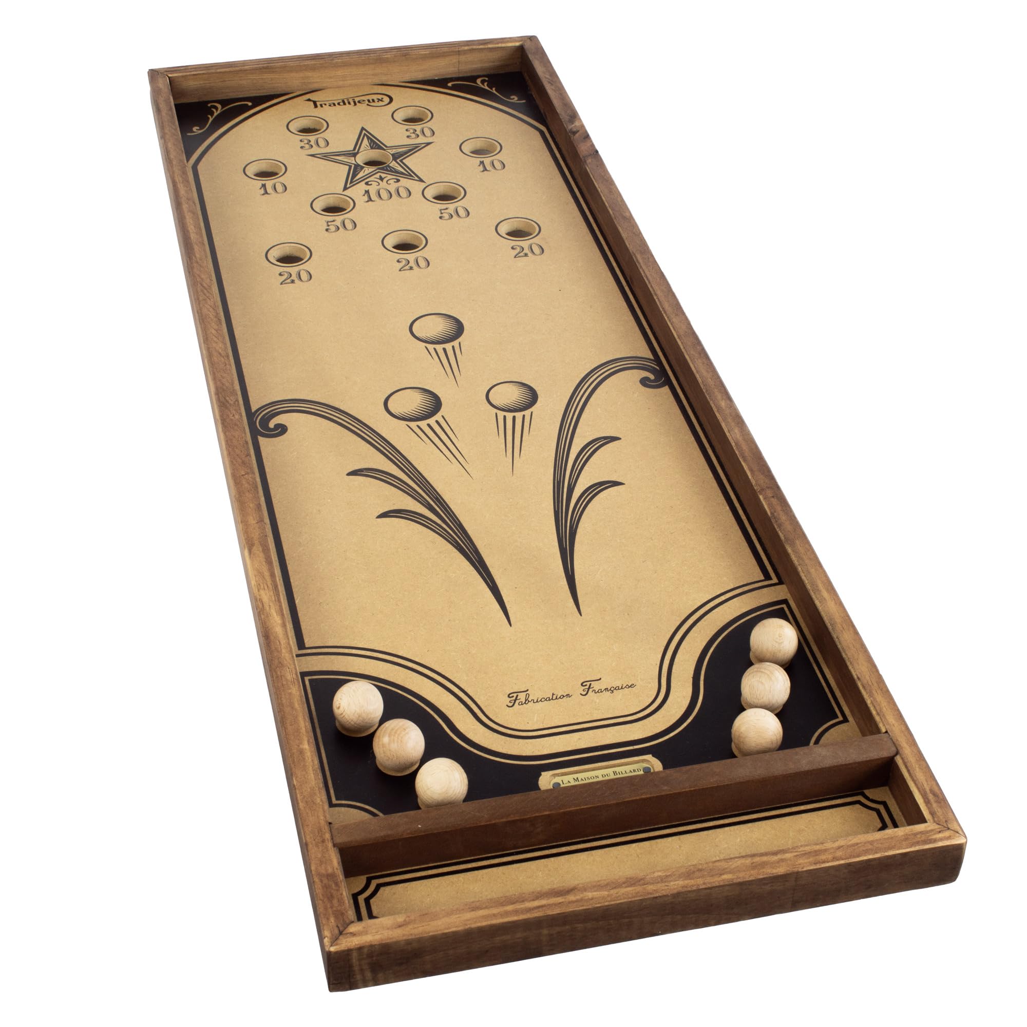 Billard Japonais Collector en Bois Fabriqué en France - Jeu d'Adresse Familial 102 x 34,5 cm - 6 Billes Bois, Cale et Règle Incluses - Jeu Traditionnel Sérigraphié