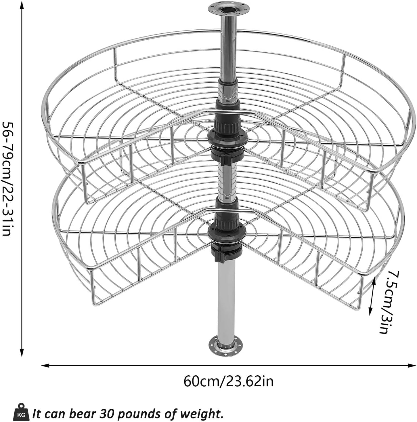 LOYALHEARTDY Kidney Chrome Lazy Susan,24 Inch Kitchen Cabinet Blind Corner Blind Corner Shelf 2 Tier Adjustable Kitchen Corner Cabinet Organizer Kitchen Corner Pantry 270° Rotating Basket 30lbs
