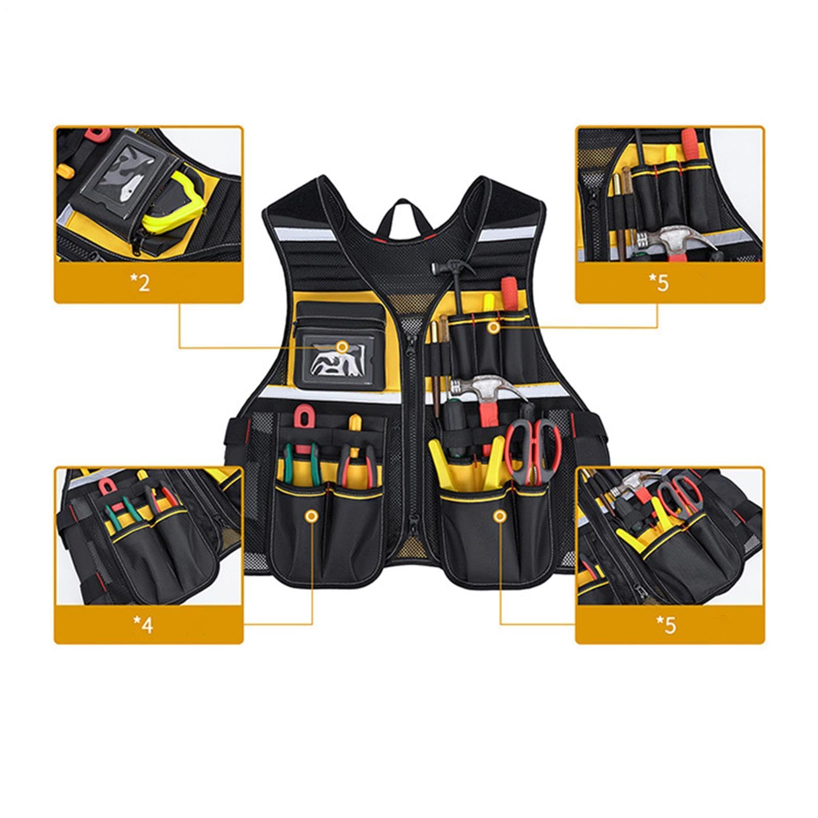 Chaleco de herramientas con múltiples bolsillos, tela Oxford reflectante multifuncional, electricista, carpintero, trabajador, ropa de trabajo, organizador de hardware resistente, ropa de seguridad