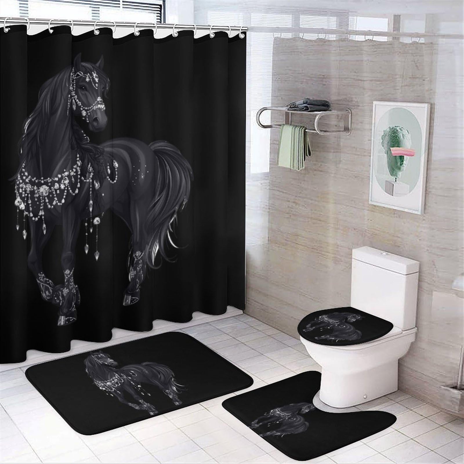 CGSBNGHA Black Arabian Horse Shower Curtain Set 4 Piece Bathroom Sets with Rugs Toilet Lid Cover And U-Shaped Floor Mat