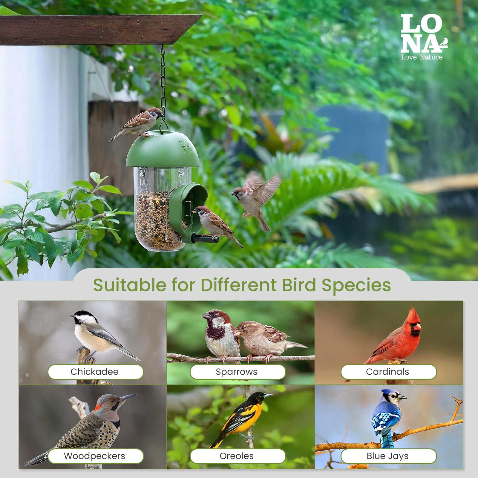 LONA - Comederos para pájaros para exteriores, paquete de 2, alimentador de pájaros a prueba de ardillas con múltiples métodos de colgar, silo de alimentación de pájaros silvestres para exteriores, 1