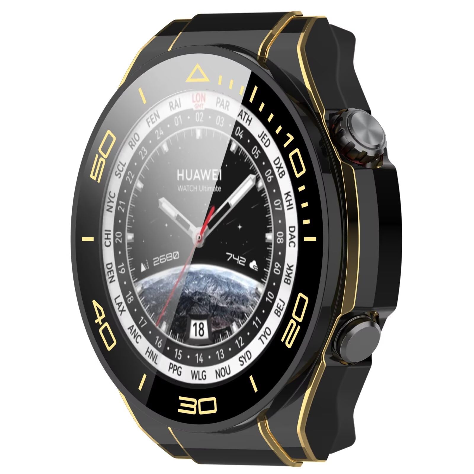 YKNIUFLY Etui kompatybilne z Huawei Watch Ultimate, folia hartowana na ekran, zintegrowana, zapobiegająca upadkowi, etui ochronne na zegarek, kompatybilne z Huawei Watch Ultimate. (czarno-złote)